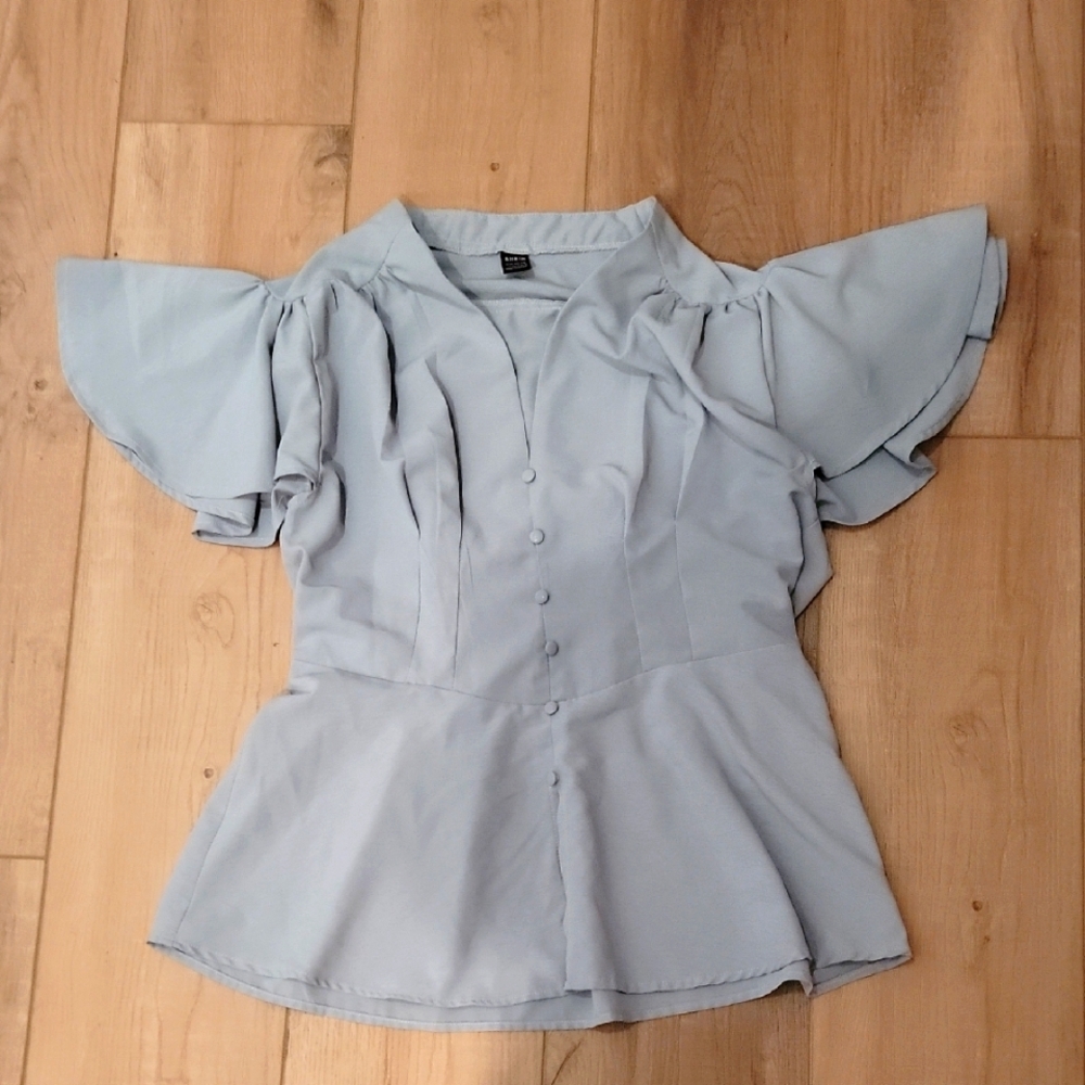 SHEIN Light Blue Flutter Sleeve Blouse Size Large